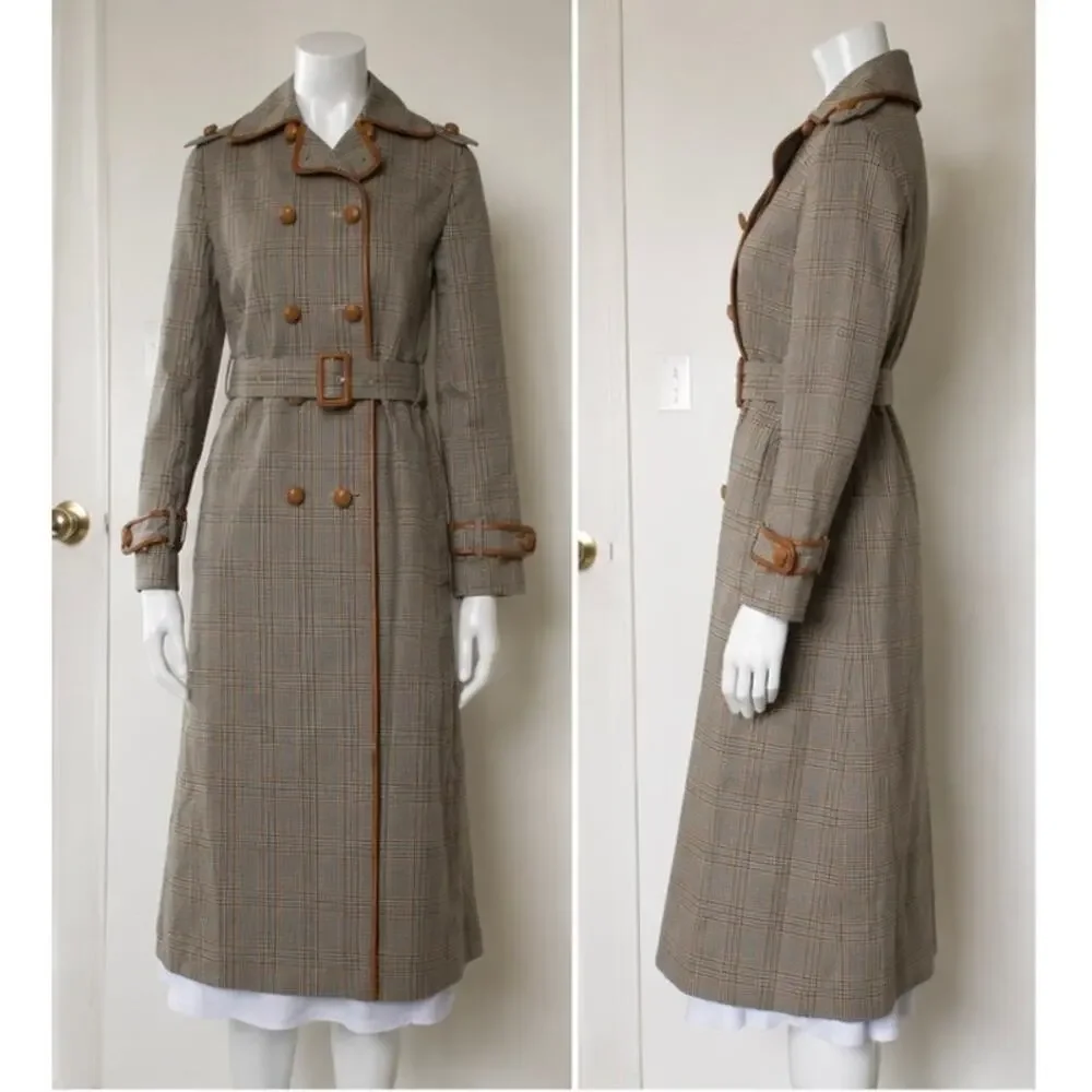 Tory Burch Glen Plaid Belted Trench Coat Leather Trim XS US2
